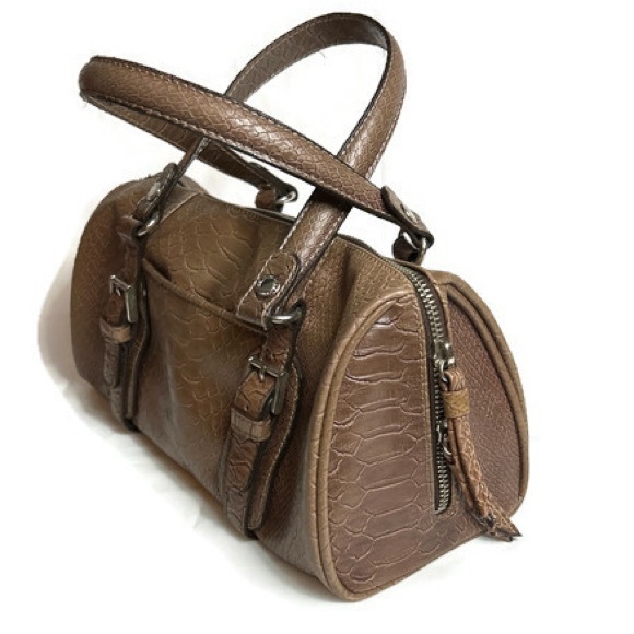 Vintage LIZ CLAIBORNE Brown Faux Croc PVC Satchel Baguette Purse Handbag - Picture 2 of 7